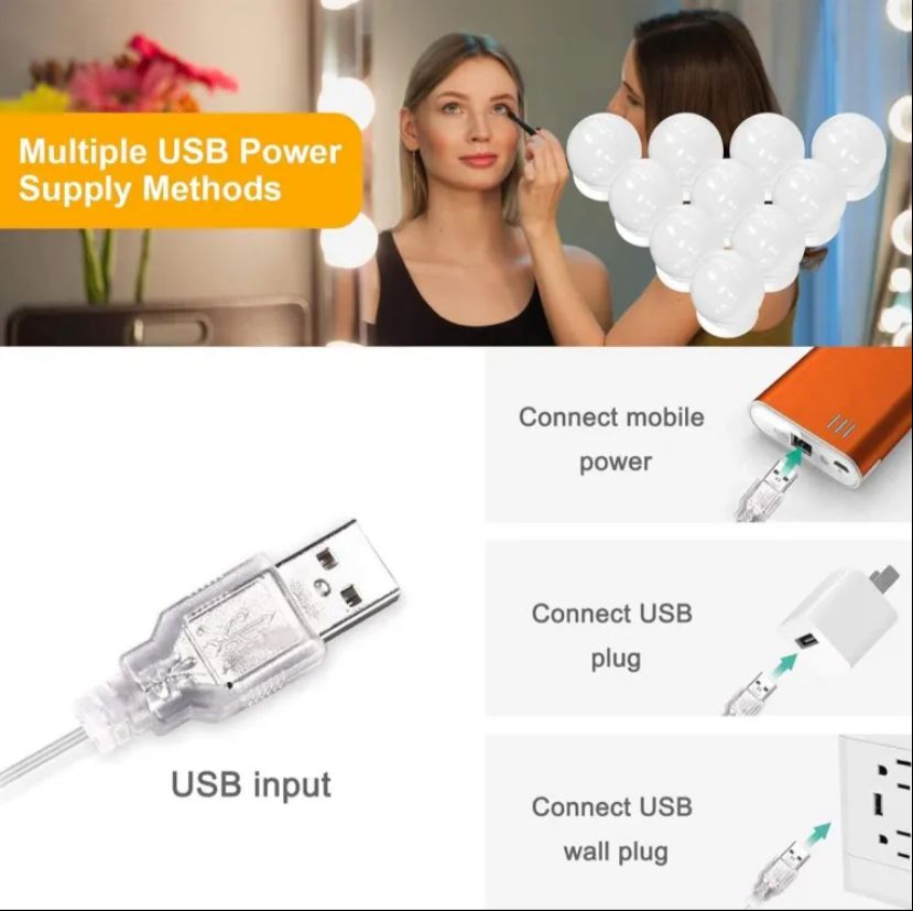 LED Light Paste Mirror Makeup Light Bulbs, Makeup Mirror Vanity Led 5v 2A Light Bulbs, Led Lamp USB Cosmetic Lighted Table